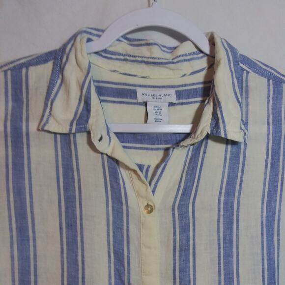 Antibes Blanc Linen  Blue White Stripe Collared Button Down Tunic Shirt Size M - Picture 2 of 9